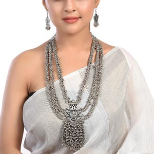 Temple Jewelry with Ganesha Pendant | Oxidized Silver MultiLayered Necklace Set | Indian Bridal Jewelry | Antique Boho Statement Necklace