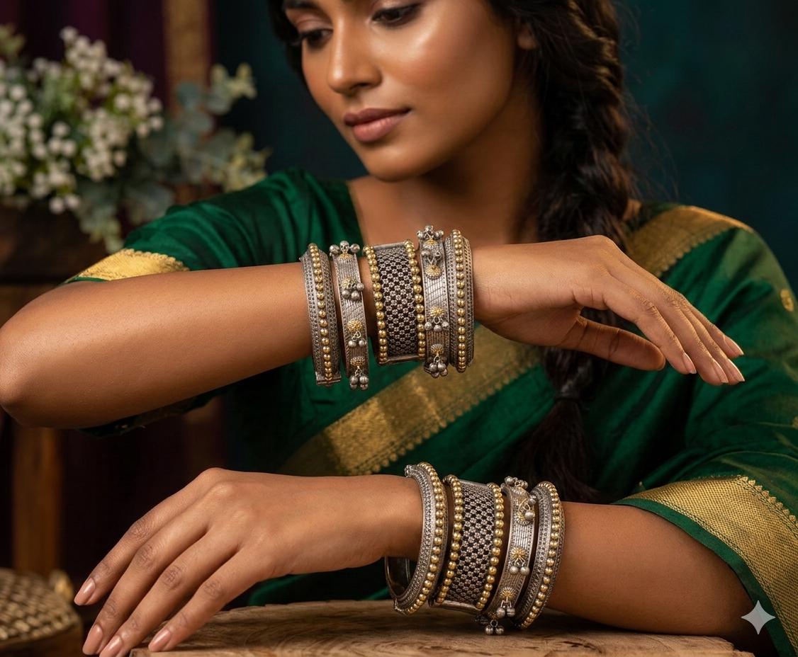 Dual Tone Oxidized Bangles Set of 5, Indian Kada Bracelet Set