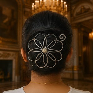 Spiral Floral design Silver-plated hair bun cage, hair bun holder, Bun Cage with Hair Fork, Metal Hair Pin Barrette for Her, Navratri festiv