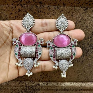 Monalisa Stone Handmade Designer earrings Turquoise mint pink earrings long Silver Stone Peal Dangler Earrings for Women Indian Boho Design