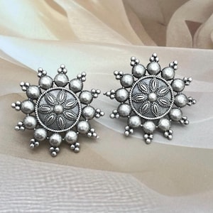 German silver stud earrings round circle floral oxidised studs, Indian ethnic earrings, gifts for mom