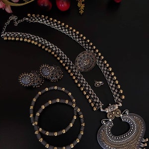 Handcrafted ethnic oxidized silver necklace with traditional Indian design