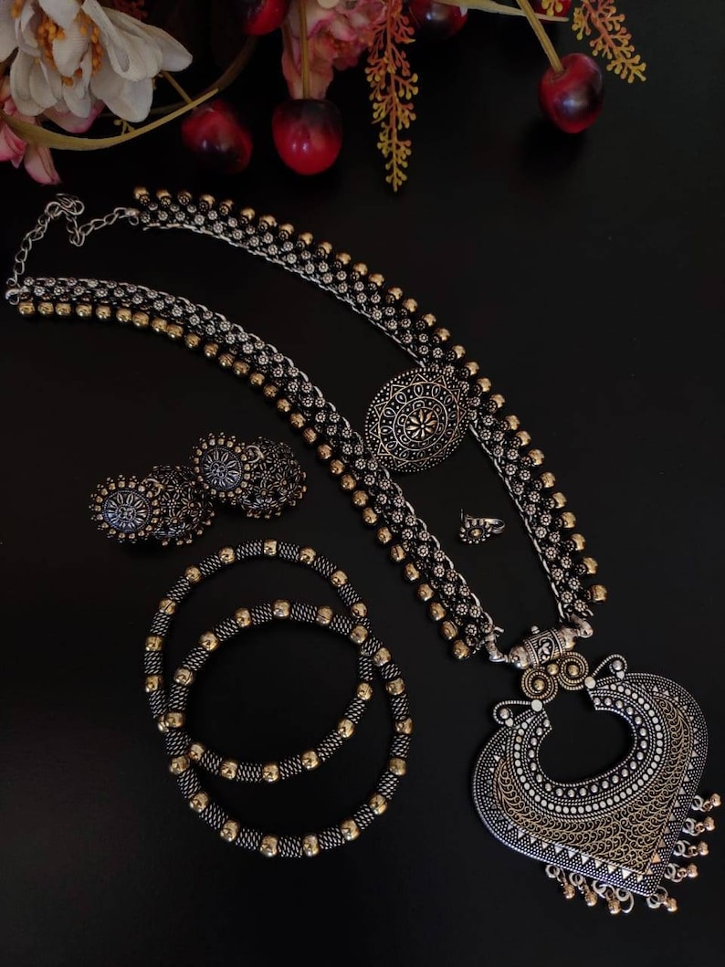 Handcrafted ethnic oxidized silver necklace with traditional Indian design