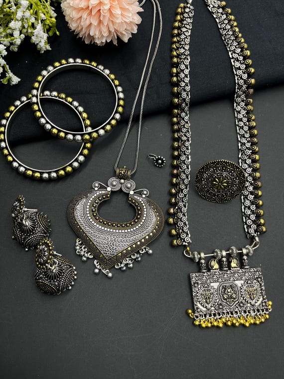 酸化銀ジュエリーセット：ボヘミアン風デュアルトーンネックレス