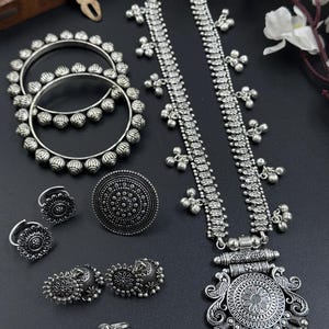 Indian Silver Oxidised Jewelry Combo set of 6, Navratri Ethnic festival Long Necklace Set, Ethnic Jewelry, Temple Jewelry, Gift For Her