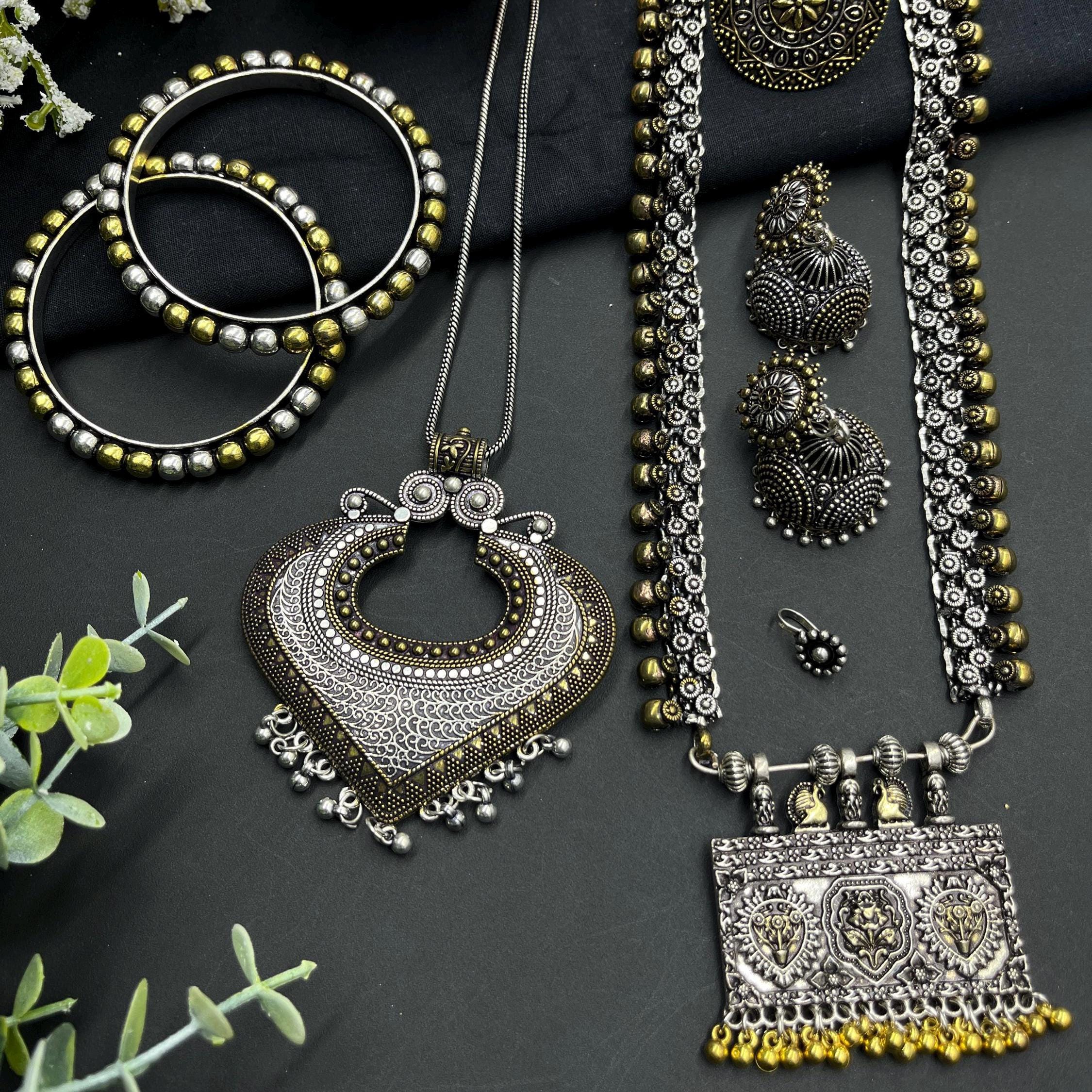 #ボネックレスとイヤリング バングルセット 酸化銀ジュエリーセット：ボヘミアン風デュアルトーンネックレス