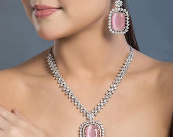 Real diamond look light pink necklace earrings Statement American Diamond Pendant set | Indian Jewelry Pakistani Wedding jewellery Cz Zircon