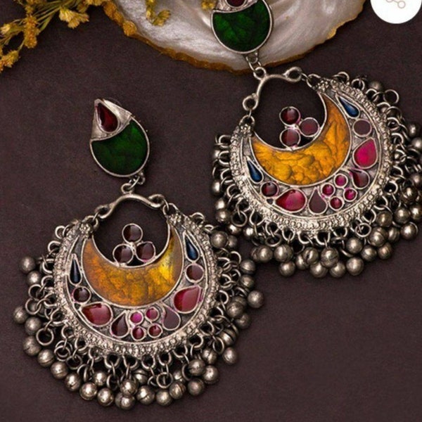 Multicolour chandbali ghungroo earrings, enamel jewellery, partywear, gifts for her, indian oxidized German silver,