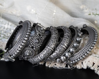 Bangles set handKada silver plated hand kada bracelet  antique silver look Openable kada broad bracelet ghunghroo Bangle gifts wedding hand