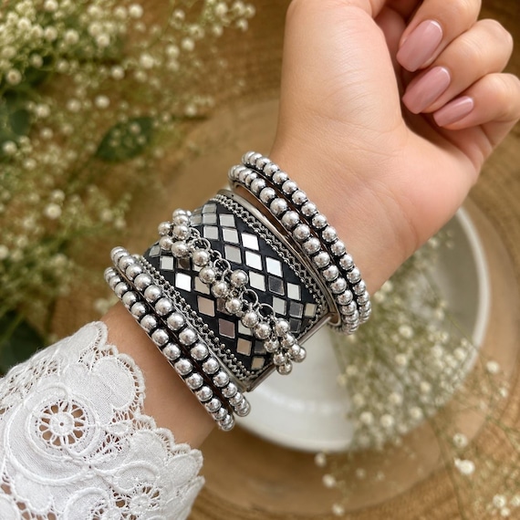 Traditional Ethnic Mirror Bangle Set for Women, Boho German Silver
