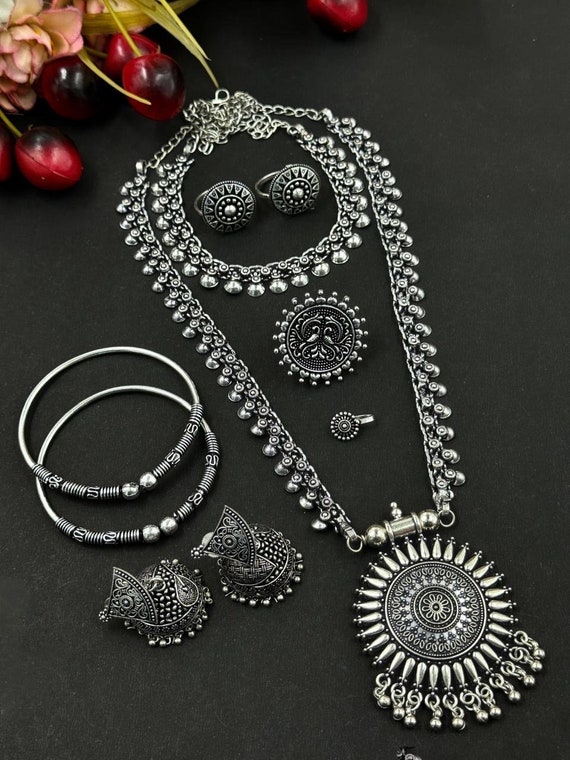 7-piece Oxidized Silver Jewelry Set | Indian Ethnic Tribal