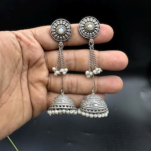 LIMITED EDITION - Big antique Jhumka, Handmade Silver Jhumka Jhumki, Indian & Pakistani Jewelry, Party and Casual earrings, black polish