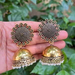 Antique Gold Jhumka Earrings | Traditional Indian Dome Jhumkas with Pearls | Oxidized Stud Earrings | Ethnic Festive Jewelry for Women