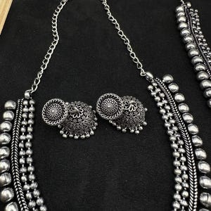 Silver Choker Necklace oxidised Jewelry Set of 7 Long Necklace Set with jhumka ring peacock necklace Ethnic Jewelry, Temple Jewelry,
