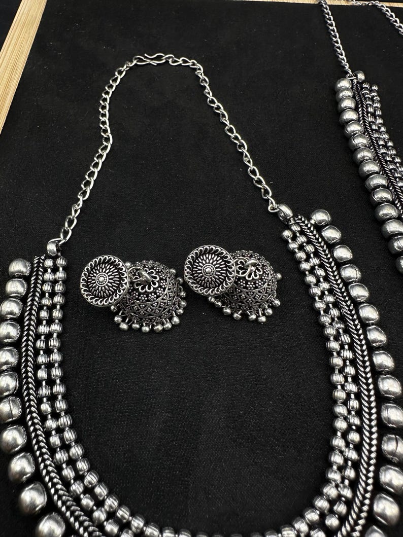 Silver Choker Necklace oxidised Jewelry Set of 7 Long Necklace Set with jhumka ring peacock necklace Ethnic Jewelry, Temple Jewelry,