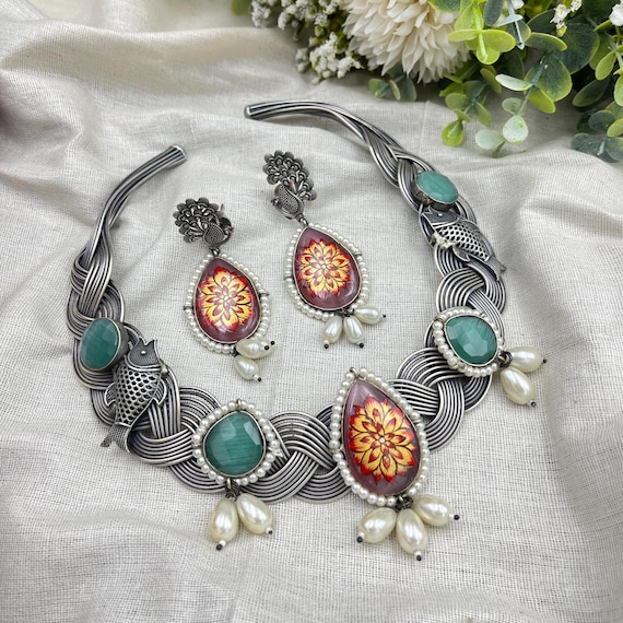 Handmade Oxidized Silver Necklace Set With Meenakari Art & Emerald