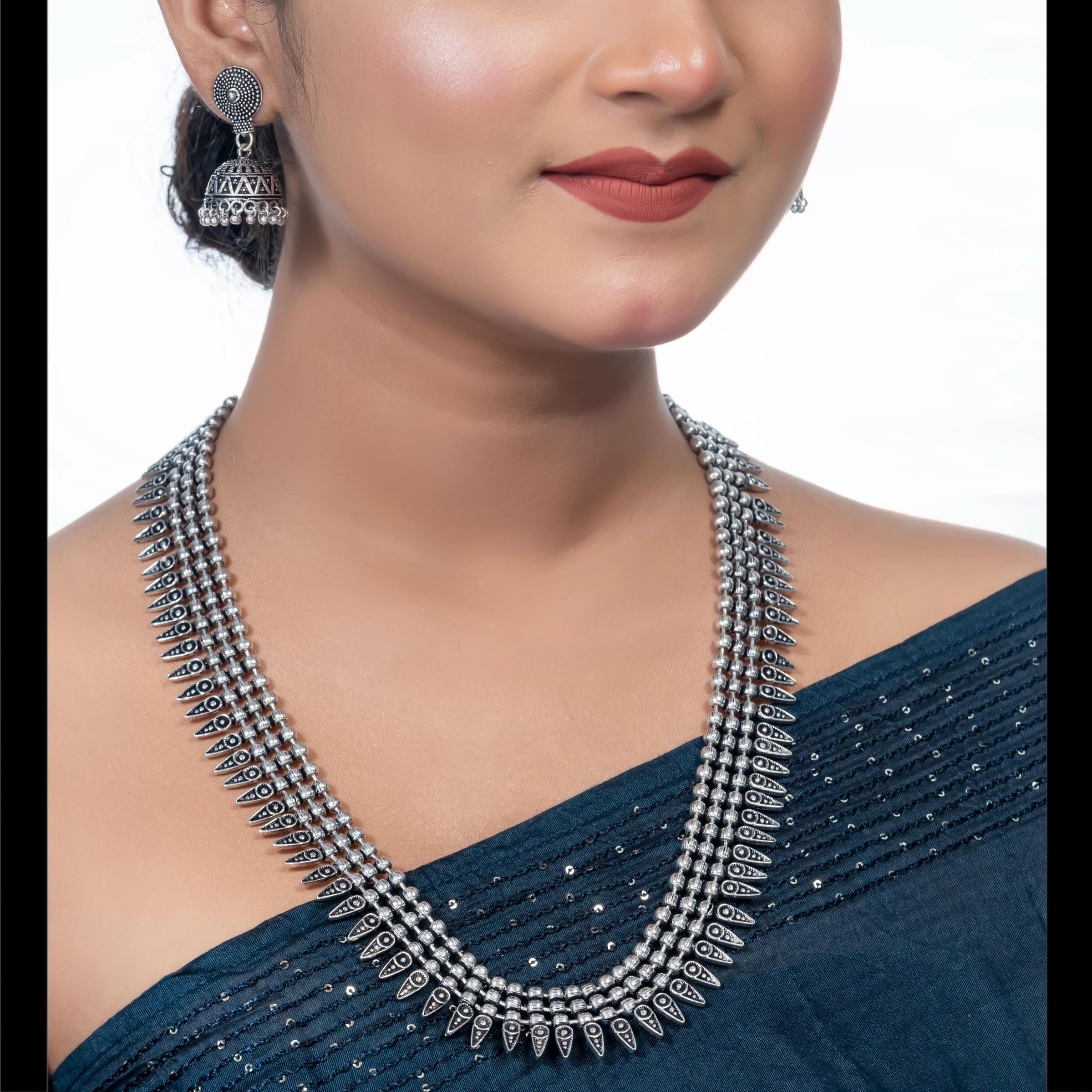 アクセサリー erd 925 silver long necklace Oxidized Silver Long Necklace Set: Indian Style Jewelry - Etsy