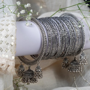 Jhumki Bangle Set, Oxidised Silver Bangle Set with Ghungroo Charms | Traditional Indian Bracelet Stack | Bridal Boho Navratri Jewelry gifts