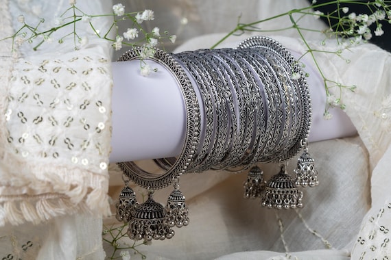 Buy Jhumki Bangle Set Oxidised Bangle Kada Silver Look Alike Bangles Bangle With Jhumki Stylish Trendy Bangles Set Navratri Jewelry Gifts Online in India Etsy