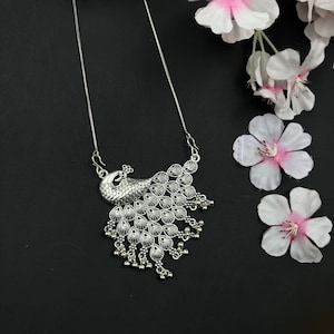 Oxidized Silver Long Chain Pendant Set, Vintage Indian Ethnic Jewelry, German Silver Necklace Set, Gifts Gift For Women, Free shipping