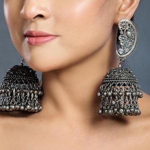 LIMITED EDITION - Big antique Jhumka, Handmade Silver Jhumka Jhumki, Indian & Pakistani Jewelry, Party and Casual earrings, black polish