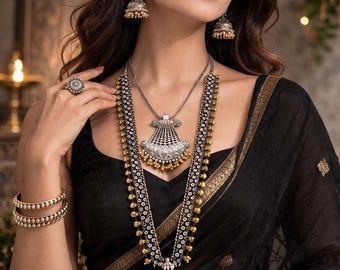 Conjunto de joyas de plata oxidada para mujer - Conjunto de 6 piezas de collar y pendientes de estilo tribal bohemio - Joyería llamativa de plata alemana india - Regalo para ella