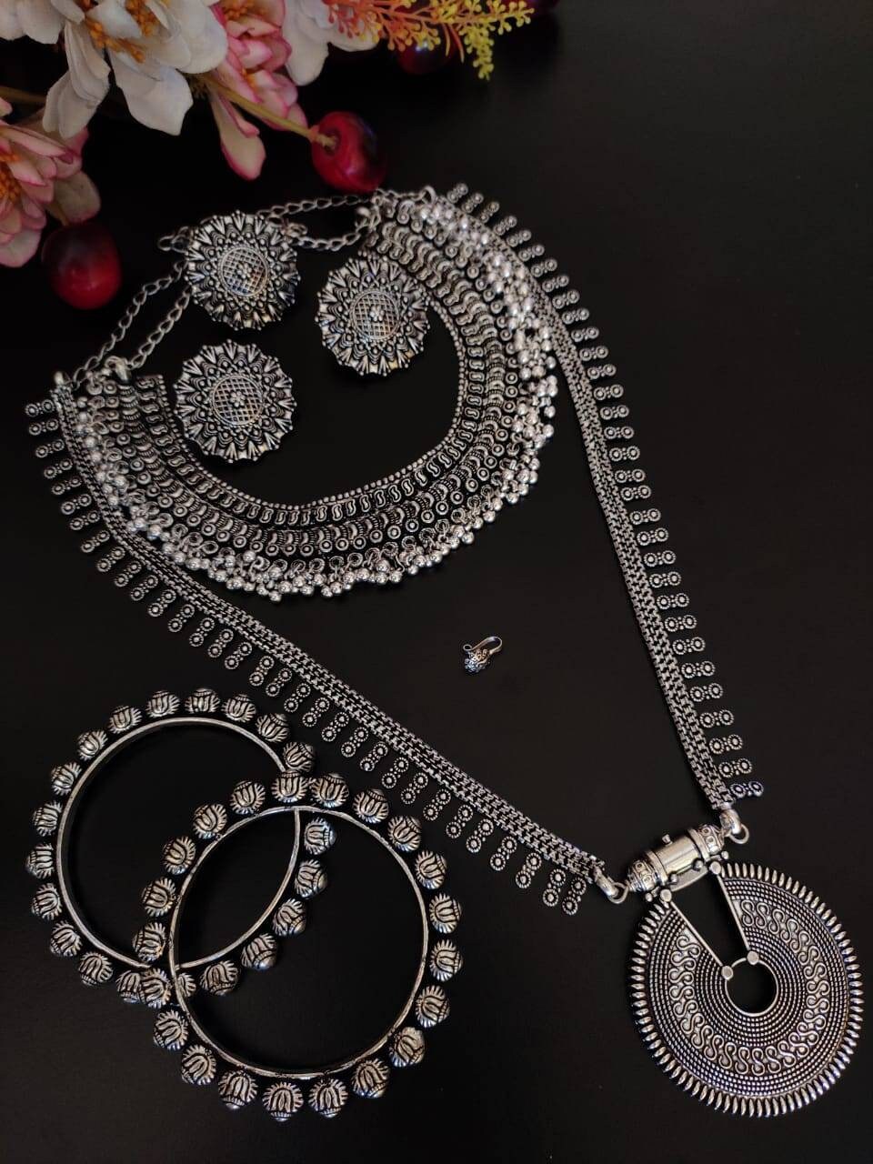 Oxidised Jewellery Set of 6 Ghunghroo Choker With Long Necklace