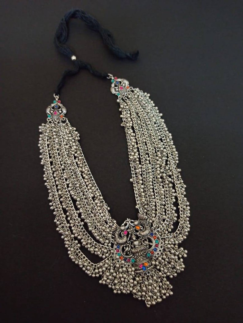 Heavy ghunharoo multilayer necklace German silver jewelry Indian ethnic oxidised necklace Oxidised long necklace antique Temple jewelry