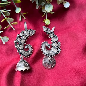 Oxidized Silver Ear Cuff: Tribal Peacock Jhumka Earrings