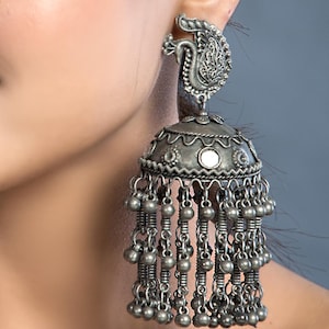 Black polish peacock jhumka earrings, Mirror dangler jhumka, ghunghroo dangler earrings, big jhumka earrings, jhumka jhumkis, casual wear