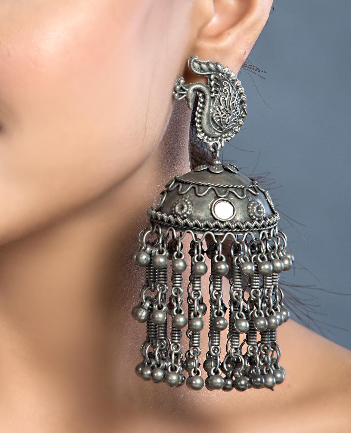 Black Polish Peacock Jhumka Earrings: Afghani Dangler with Ghunghroo