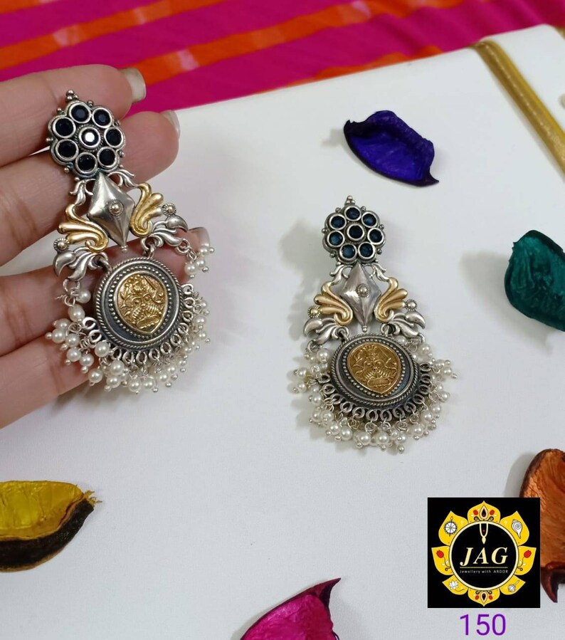 ethnic earring,stone earring Indian earrings temple jewelry silver golden dual tone earring with pearl handmade kemp Long earrings