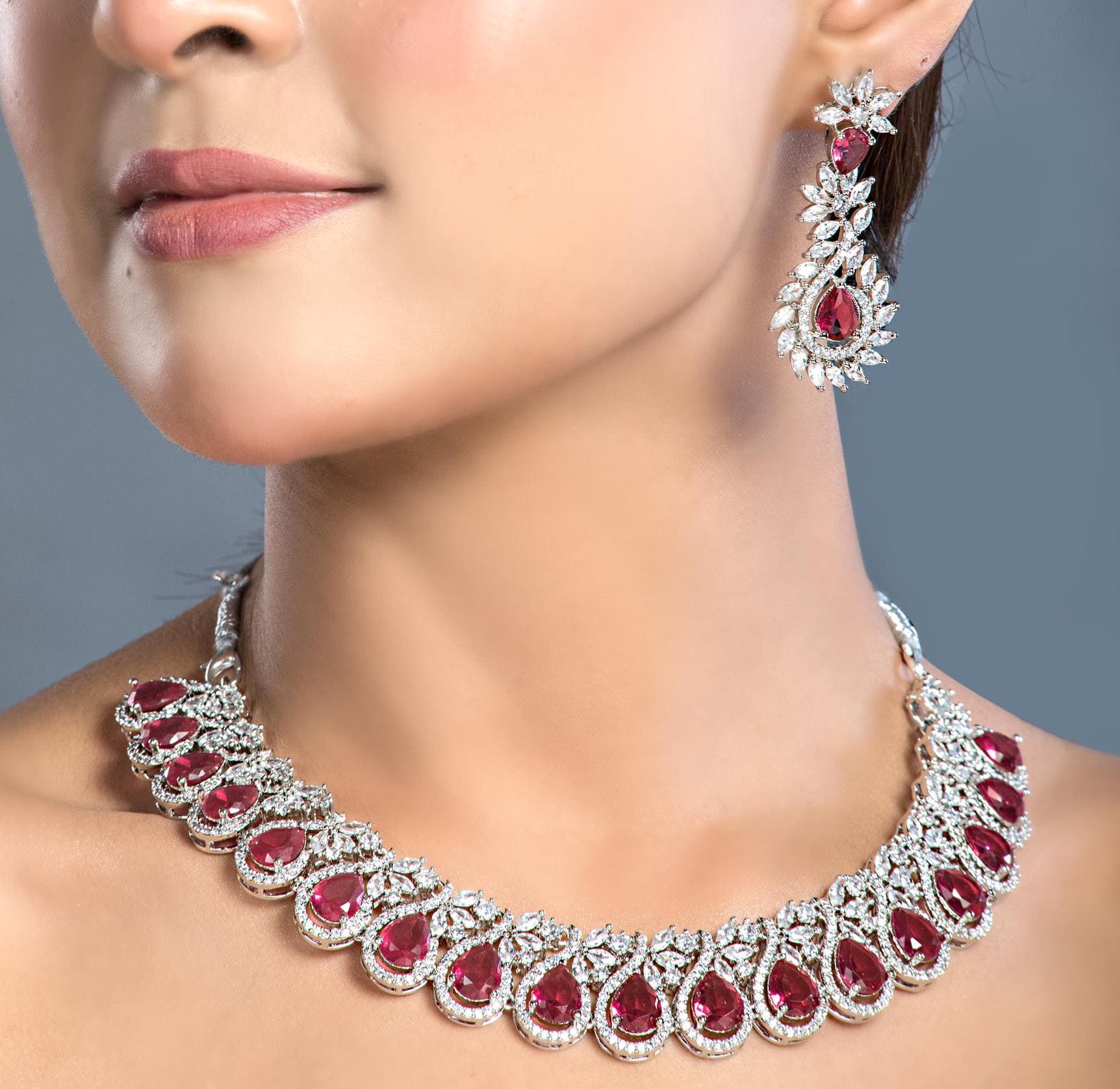 Ruby Red CZ Diamond Necklace with Earrings and Bracelet American Diamond Necklace Cubic Zirconia Necklace Indian Jewelry Pakistani Necklace