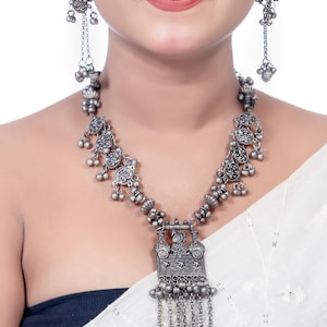 Indian Long oxidized necklace set/ boho tribal necklace oxidized set/ Antique black German Silver long necklace set / Afghani jewellery