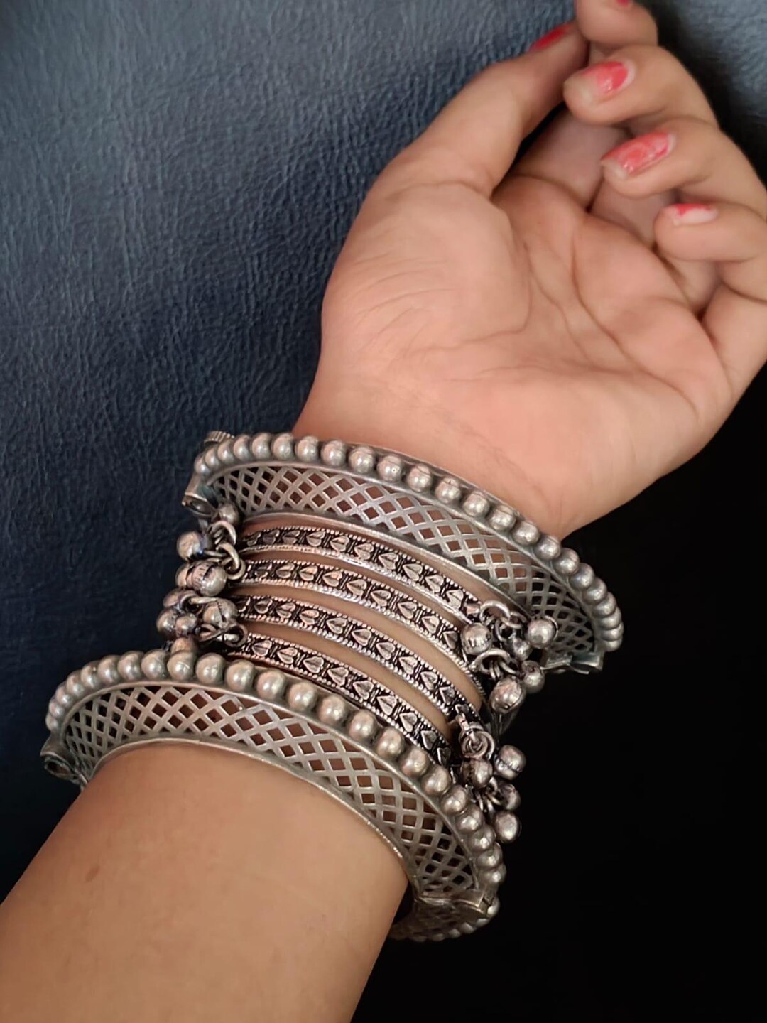 Boho Oxidized Silver Bangle Set | Tribal Kada Stack With Bells