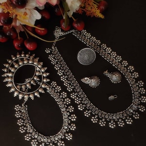 Oxidized German Silver Long Necklace Set of 6 | Indian Ethnic Oxidized Silver Black Temple Jewelry | Kolhapuri Boho Tribal Necklace