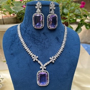 Purple Doublet CZ Pendant Necklace set | Statement Jewelry American Diamond Necklace, Indian Jewelry, Pakistani Jewelry Bollywood Jewelry