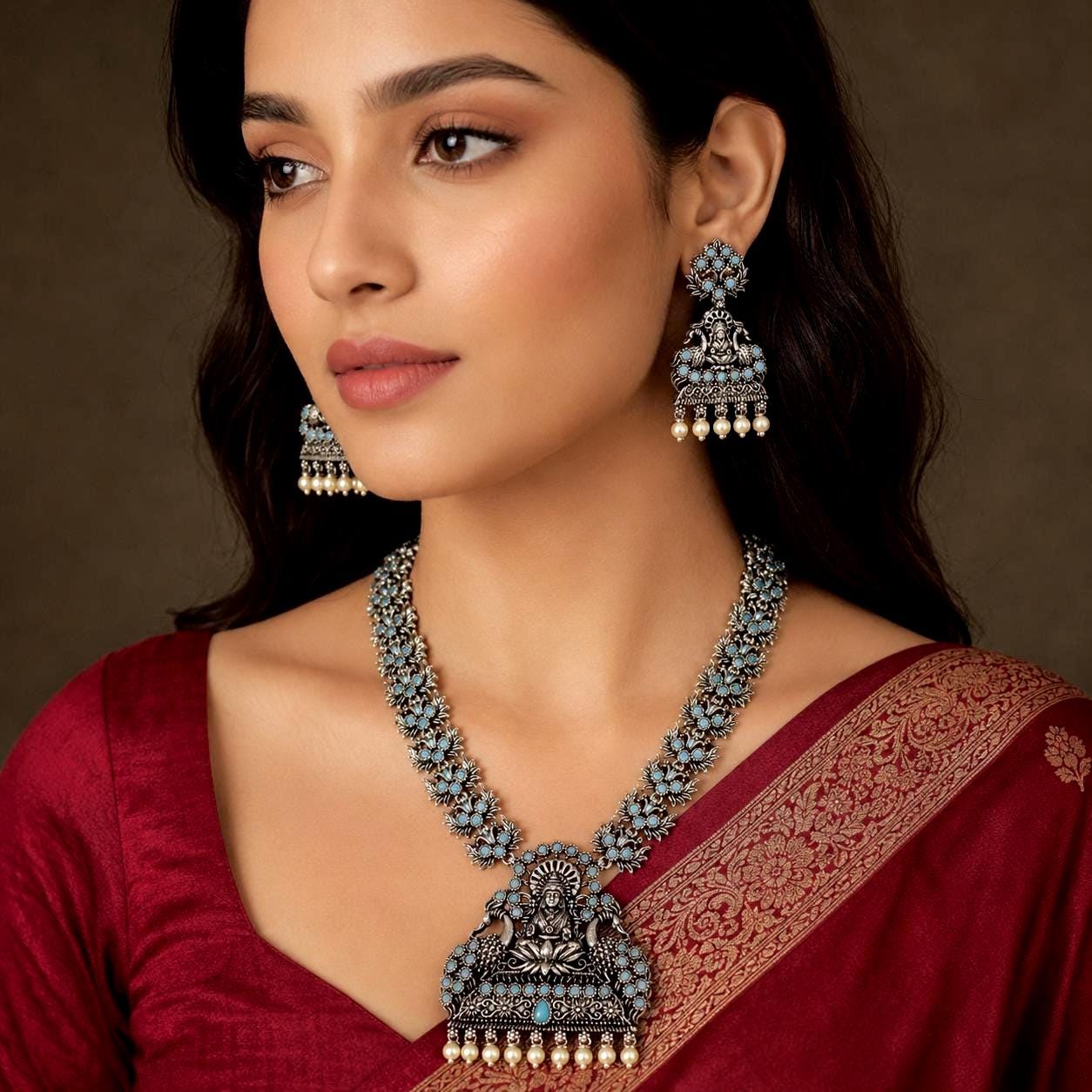 Oxidized Silver Temple Jewelry Set, Blue Stone Lakshmi Necklace & Earrings, Handcrafted Goddess Boho South Indian Tribal Jewelry