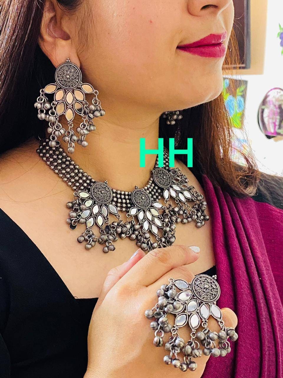 Ghungroo Mirror Choker Set Indian Oxidised Set Antique Etsy UK