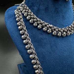 Double Layer Oxidized Silver Necklace Set with Jhumka Earrings | Traditional Indian Jewelry Set | Boho Tribal Long Necklace | Festival Wear