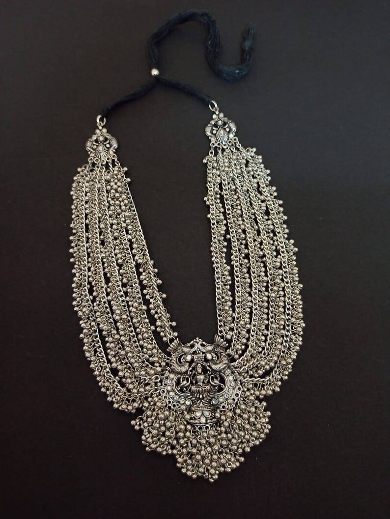Heavy ghunharoo multilayer necklace German silver jewelry Indian ethnic oxidised necklace Oxidised long necklace antique Temple jewelry