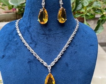 Yellow Saphire Pendant CZ Necklace Set | American Diamond Wedding Necklace Set | Indian Cubic Zirconia Jewelry | Bollywood Jewelry |