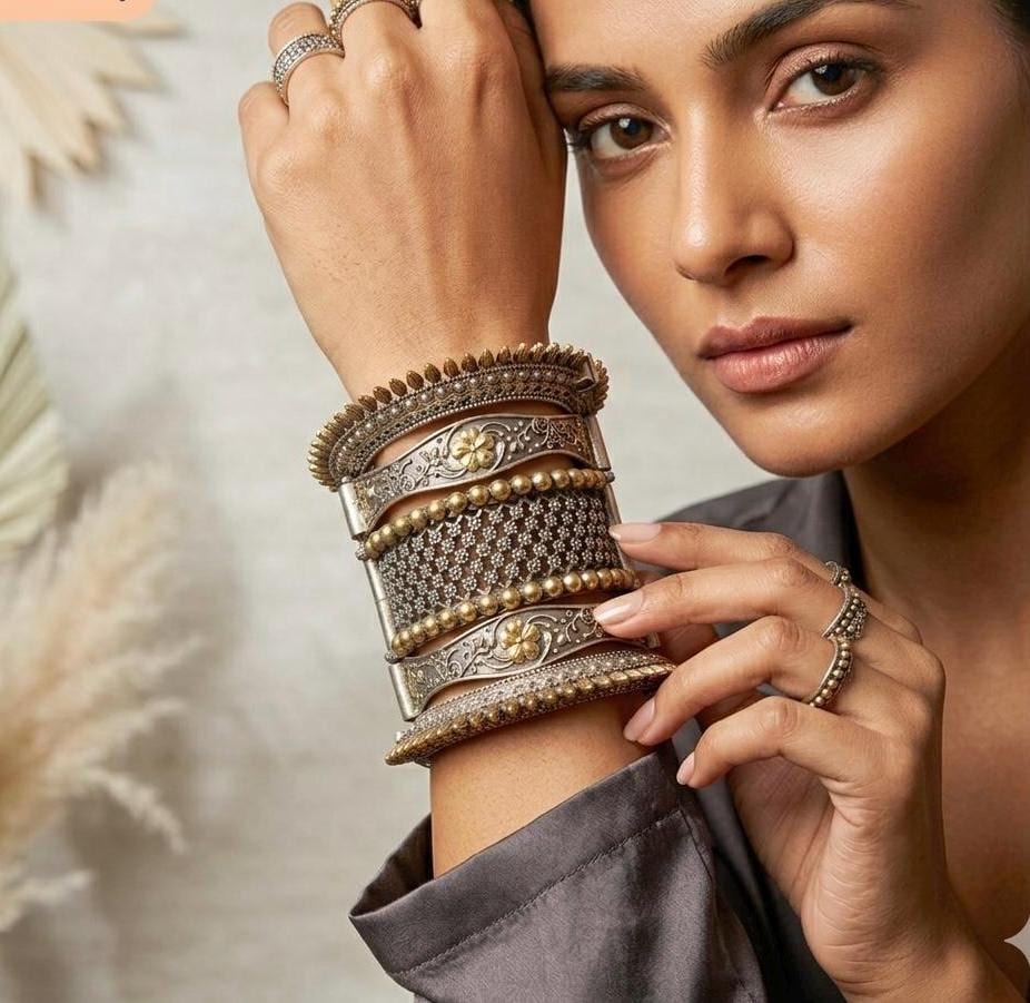 Wide Tribal Statement Cuff, Two Tone Oxidized Silver Bracelet