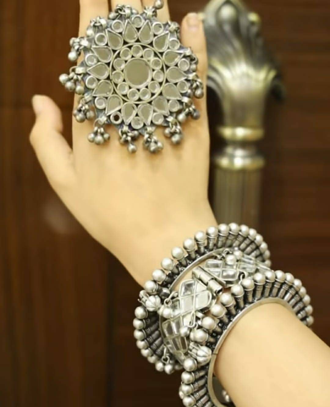 Vastrabhushan Afghani Ring with Mirror Bangle and Spike Kada Oxidised Jewellery Boho Jewellery Hippie Jewelry Afghani Jewelry Gifts for Her Jewelry