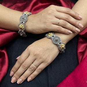Oxidized Silver Floral Kada Bracelet, Dual toned Indian Tribal Statement Bangle, Vintage Ethnic Festival Jewelry, Antique Kada Gift