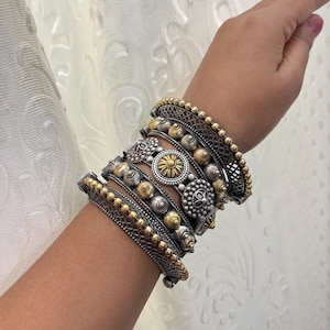 Hot selling Vintage Dual tone Kada Bangles set of 5pc | two tone oxidised Hand Kada | Ethnic Indian gold silver kada Set | Openable bracelet