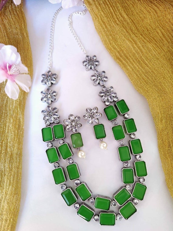 Elegant Two Layer Green Stone Necklace Set Indian Oxidized German Silver Jewelry Perfect Bridal Wedding Jewelry for Women Gifts for Her