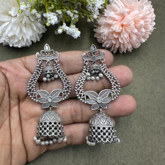 Oxidized Silver Jhumka Earrings: Boho Filigree Statement Jewelry