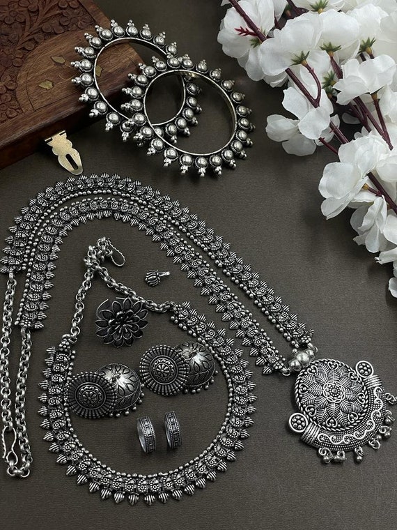 Vastrabhushan Antique Boho Style German Silver Double Necklace Full Combo Set Oxidized Indian Silver Plated Unique Designed Necklace Set for Women