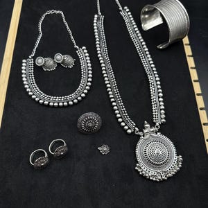 Indian ethnic Jewelry combos Silver oxidised Jewelry combo Set of 7, German Silver Long Necklace Set with jhumka, navratri necklace set